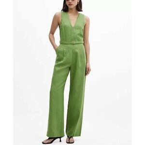 Mango MNG Green Linen Blend V-Neck Belted Wide Leg Jumpsuit Womens XL